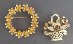 Vintage Amber colored Rhinestone Brooch Lot Flower Basket Wreath