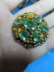 VTG Signed Barclay Brooch 1947 USA 12K Gold Plated W Yellow Green Cut Crystals