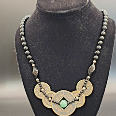 Chinese 5 FULU Coin 23″ Necklace w/Black Onyx/Obsidian Beads & Center Jade Stone