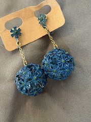 Woman’s 1960’s Earrings Clip Dangling Blue Flower Ball 2 Inch Enamel