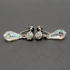 Vintage AB Crystal Faceted Teardrop Prism Drop Dangle Fancy Screw Back Earrings