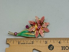 Vintage Rhinestone Flower Brooch Pink, Green Enamel Pin Estate MCM Jewelry 3.5in