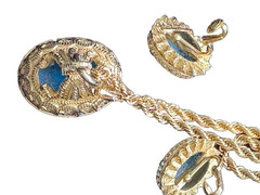 Nettie Rosenstein Carved Glass Fob Necklace earring Demi Paru Gold Tone