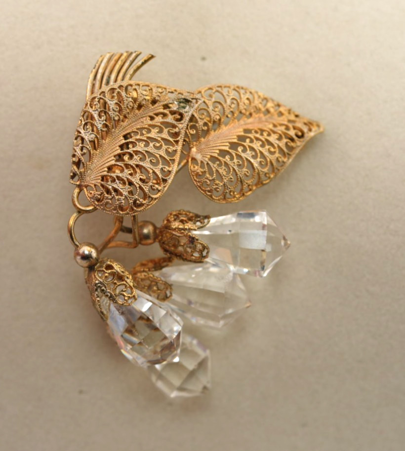 Antique Vintage Gilt Filigree Brooch Cut Crystal Drop European Design Statement