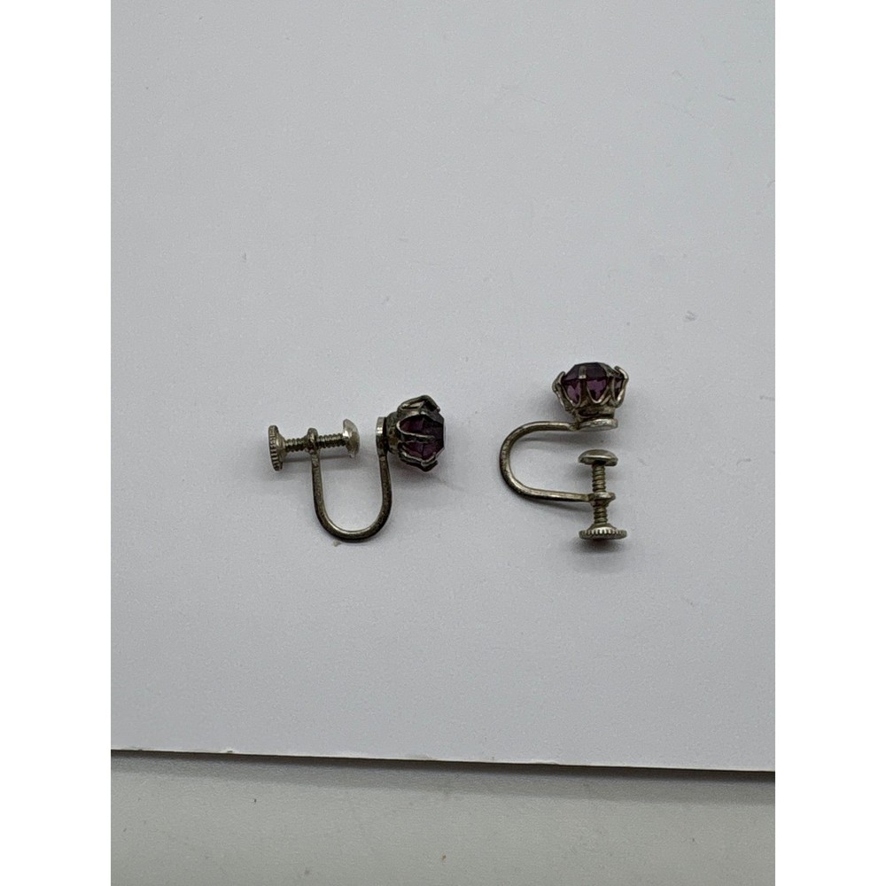 Vintage Sterling Silver Amethyst Glass Screw Back Stud Earrings Crown Prong J61