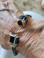 LAUREN G ADAMS DEEP BLUE ENAMEL CRYSTALS BAMBOO BANGLE 18KT GOLD PLATE SMALL