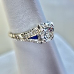 Art Deco Old European Cut Diamond Sapphire Engagement Ring