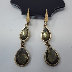 Vintage Drop Earrings Women Gold Tone Smoky Glass Teardrop Art Deco Leverback