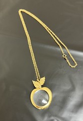 Vintage 70’s Loupe Magnifying Glass Apple Pendant Long Gold Tone Chain Necklace