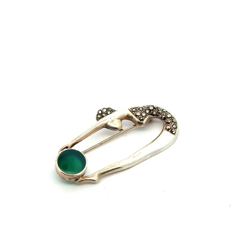 .925 Sterling Silver Green Onyx & Marcasite Art Deco Beauty Pin, 5.3g