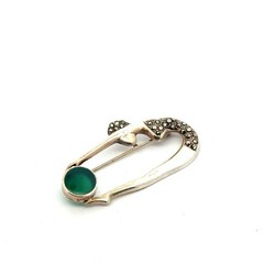 .925 Sterling Silver Green Onyx & Marcasite Art Deco Beauty Pin, 5.3g