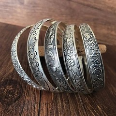 Retro Tibetan Silver Cuff Bracelet Carved Fish Elephant Flower Vintage Bangle