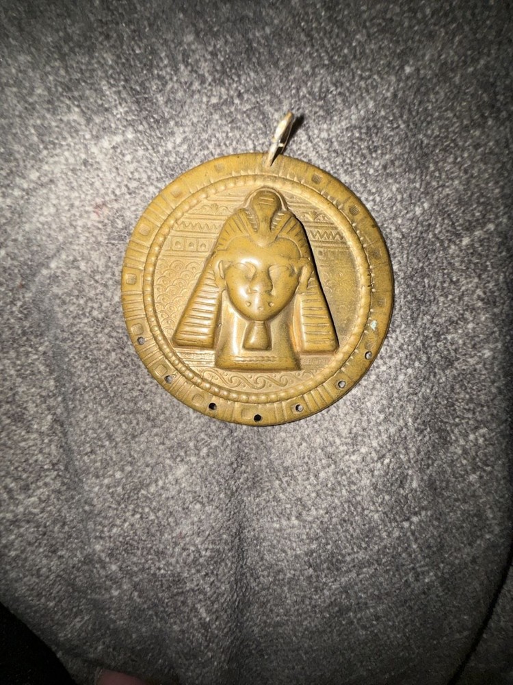 Vintage Egyptian Revival Pharaoh Gold-Tone Metal Pendant Medallion