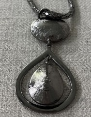 Vintage RJ Graziano Gunmetal Teardrop Pendant Necklace Rhinestone Statement