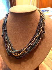Vintage Multi Strand Green & Gold Glass Bead Necklace 22″