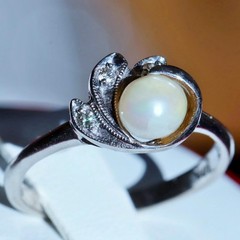 10k white gold size 6.75 ring 5.3mm cultured pearl natural diamond antique 2.28g