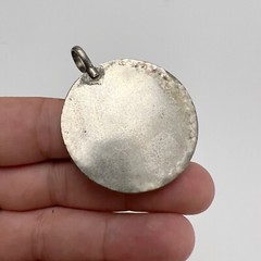 Vintage Blue Flower Ceramic Pottery Tile Round Silvertone Framed Pendant
