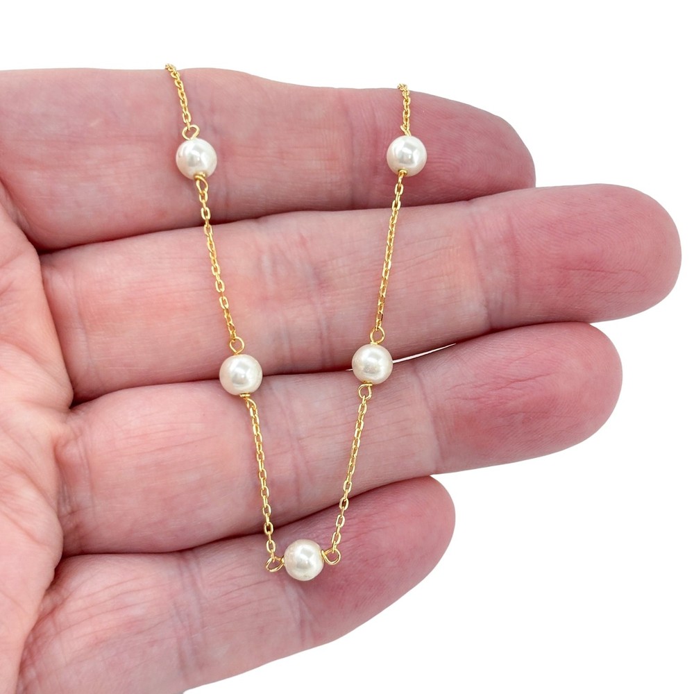 Vintage Gold-Tone Sterling Silver 925 Imitation Pearl Necklace 15.5-17.5″
