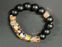 Vintage Carved Black and Multi Color Beads Stretchable Bracelet, Chinese Amulet