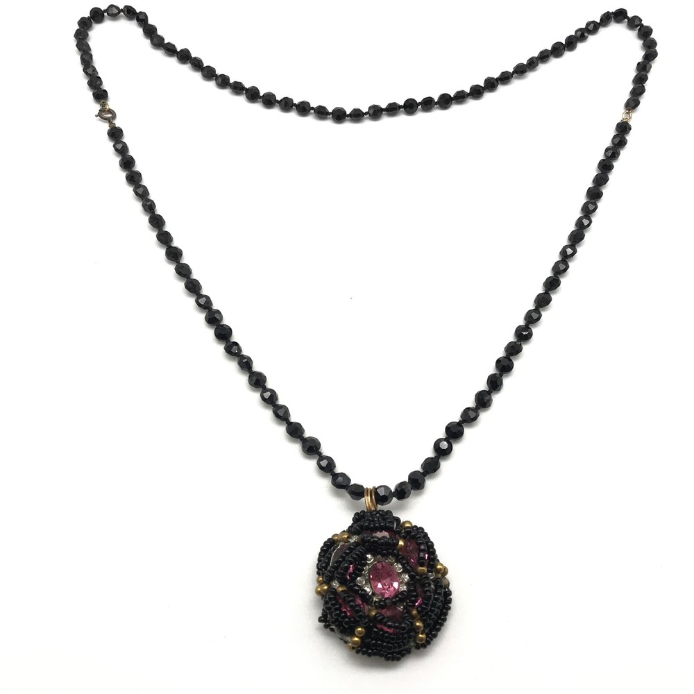 Vintage Jet Black Faceted Glass Strand Pink Clear Rhinestone Pendant Necklace