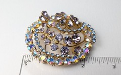 Vintage Lilac & Blue Rhinestone Brooch Floral Swirls Unsigned Gorgeous!!