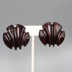 Vintage Wood Statement Clip on Earrings Hand Carved Large 1.25 in