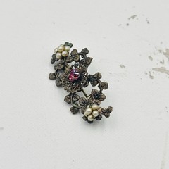 Vintage Mid Century Brass Filigree Brooch Hand Wired Pearls and Pink Rhinestone