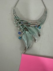 VTG Enamel Silver Tone Necklace With Crystals Adjustable Length Statement Blue