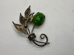 Green Jade Cabochon Floral Filigree Leaf Vintage Sterling Silver 925 Brooch Pin