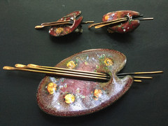 Vintage Matisse Brooch and Earring Set Copper Enamel Painter Palette Art Clip On