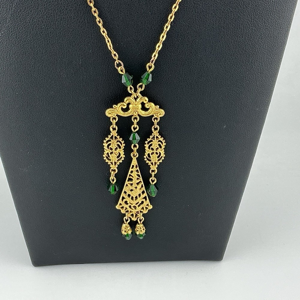 Vtg Necklace GoldT MCM Green Lucite Beads Asian Style Feminine 20” Boho Chic