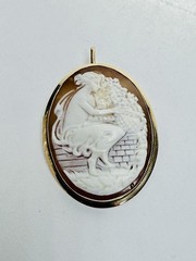 14K Gold 1.3 Inch Carved Edwardian Shell Cameo Brooch & Pendant