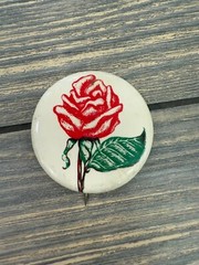 Vintage Red Rose Round Metal Pinback Button 2.25” With Green Leaf Design On Whit