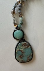 Bohemian Vintage style Natural Shoushan Stone Glass Pendant Necklace Oval 33”