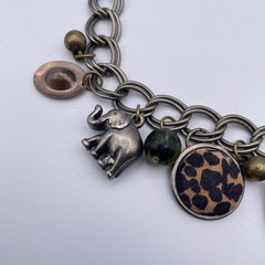 Vtg Elephant Bronze Tone Lion Charm Chunky Link Safari Statement Necklace 22″