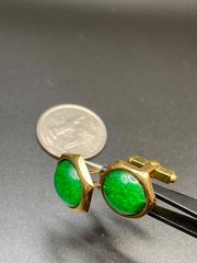 Vintage Gold Tone Emerald Green Foil Art Glass Cufflinks Hexagonal Mid Century