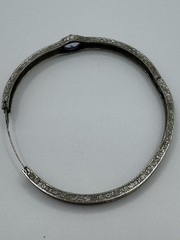 Antiqued Silver Plate Amethyst Glass Etched Gold Designed Bracelet Art Deco
