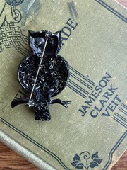 Vintage Owl Figural Black Rhinestone Black Metal Brooch Unsigned