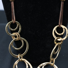 Long Gold Tone Circle Link Necklace Hammered Rings Brown Cord