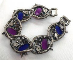 UNIQUE SELINI LINK BRACELET W/PURPLE, TURQUOISE & VIOLET LUCITE INSET PIECES!