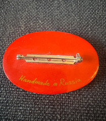 Vintage Hand-Painted Russian Wood Brooch “Hand Made In Russia” 2 1/4 x 1 1/2