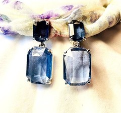 Justine Crystal Drop Earrings • Sapphire Blue Chunky Emerald Cut • Silver Tone
