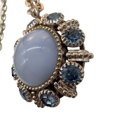 Vtg c1974 Avon Moon Magic Pendant Necklace 24” Blue Crystals Moonglow Center A3