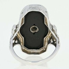 Art Deco Black Onyx & Mine Cut Cubic Zirconia 18.26TCW Filigree Milgrain Ring