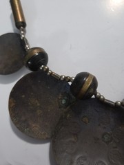Vtg. Brass, Copper? Wood Beads Tribal Necklace, Large Round Disks