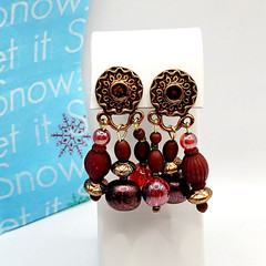 Burgundy Cranberry Copper Colored Multi Shape & Strand Bead Pierced Vtg Earrings
