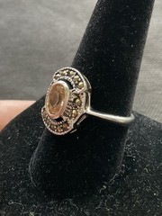 Vintage Silver Tone Cocktail Ring champagne-colored stone Size 9.75