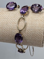 835 Silver Amethyst Bracelet Earring Set 7″ Mid Century Screw Back