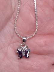 18K GP butterfly pendant necklace, purple stones, prong set, 18″