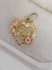 Vtg OR signed 14K Yellow Gold HEART Love Pink Flowers Charm / pendant Estate